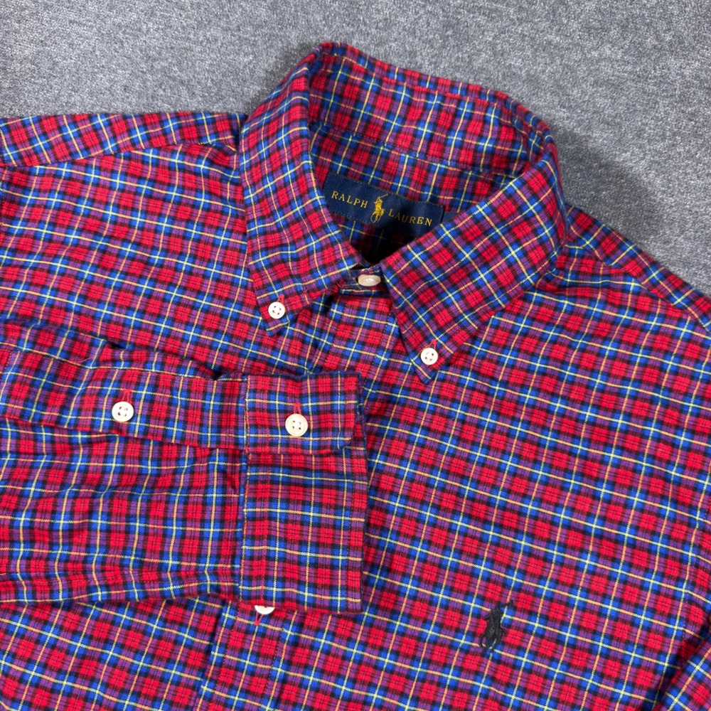 Ralph Lauren Button Down Shirt Men Small Red Blue Plaid Cotton Long Sleeve Pony